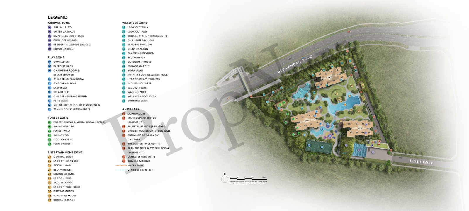 Nava Grove site plan showing the three 24-storey towers across 38, 40, 42 Pine Grove, with landscaped pool deck, central lawn, and 80/20 landscape-to-build configuration in the Ulu Pandan enclave