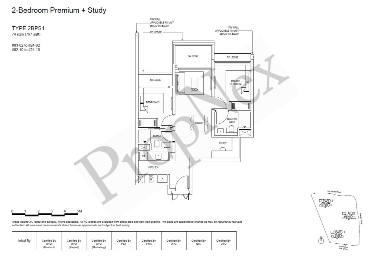 Pinetree Hill 2 Bedroom Premium + Study Type 2BPS1 floor plan, 797 sqft, semi-dumbbell layout for stack 02 and stack 10