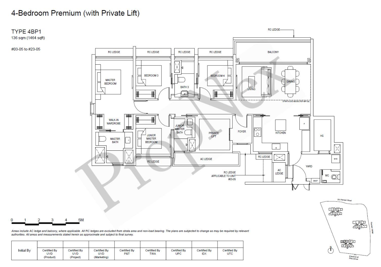 Pinetree Hill 4 Bedroom Premium with Private Lift Type 4BP1 floor plan, 1,464 sqft, dumbbell layout for stack 05