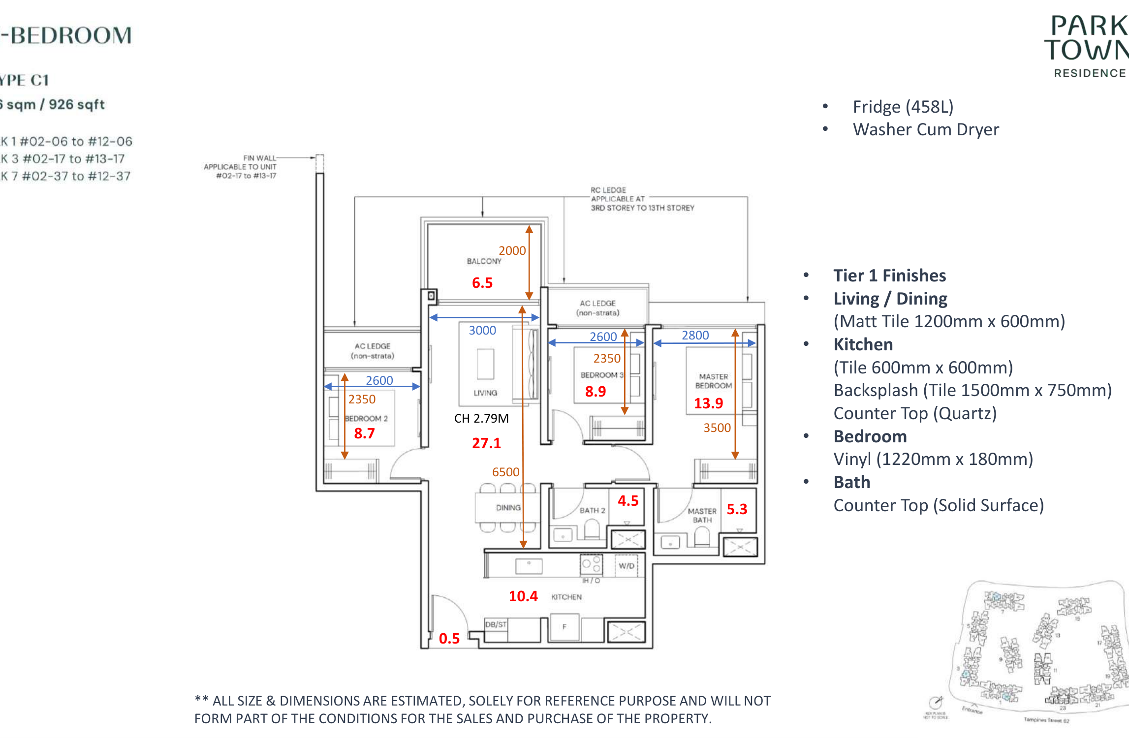 Parktown Residence 3-bedroom floor plan Type C1 926 sqft with master bedroom 13.9 sqm and common bedrooms 8.7 to 8.9 sqm