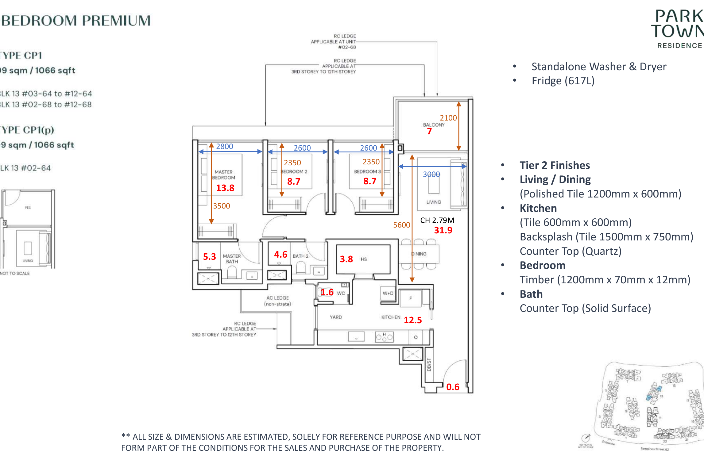 Parktown Residence 3-bedroom premium floor plan Type CP1 1066 sqft with master bedroom 13.8 sqm and living dining 31.9 sqm