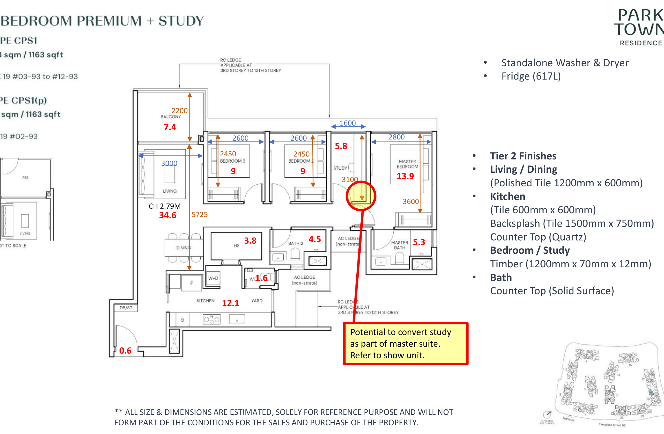 Parktown Residence 3-bedroom premium plus study floor plan Type CPS1 1163 sqft with master 13.9 sqm study 5.3 sqm and living dining 34.6 sqm