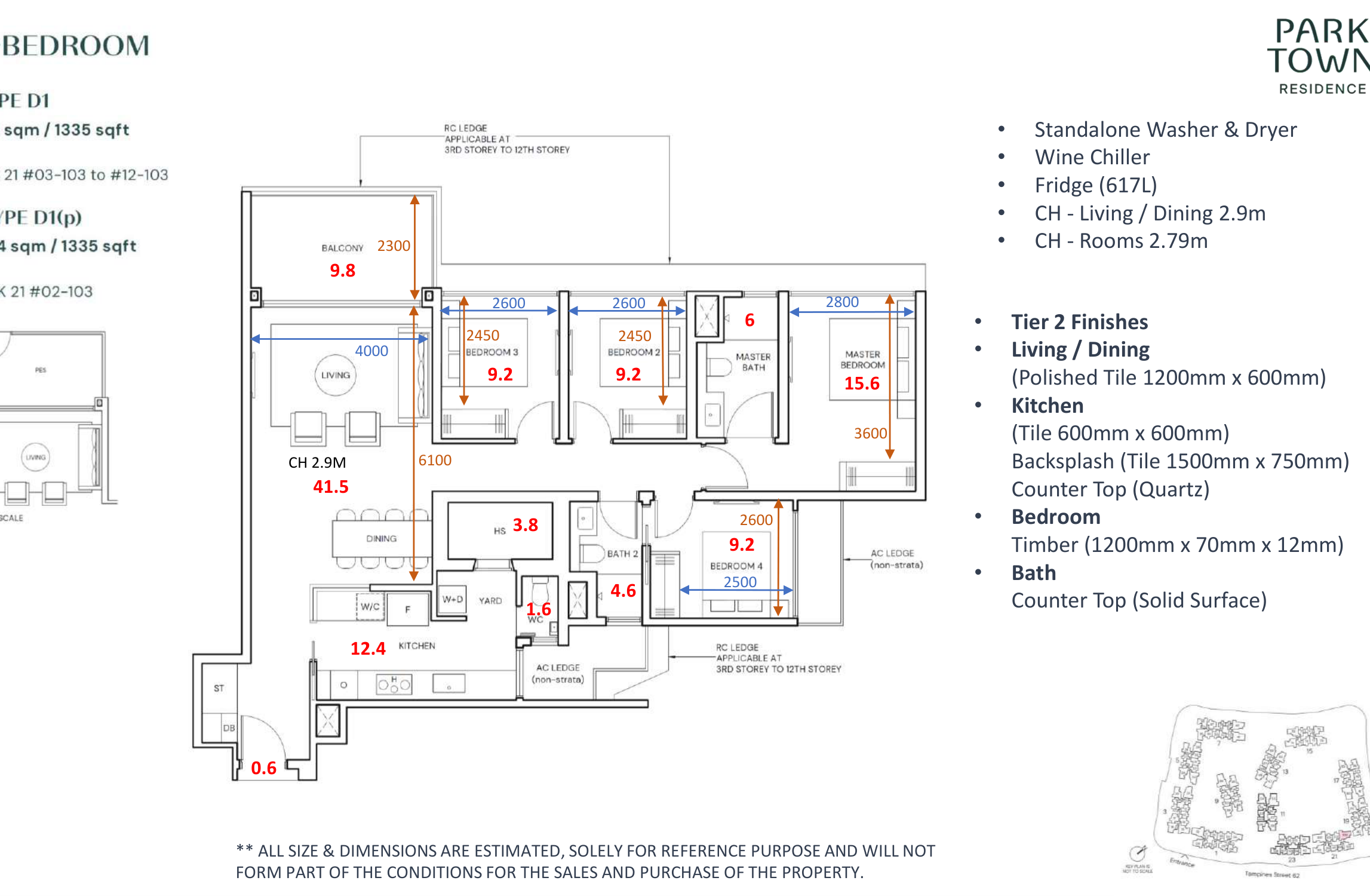 Parktown Residence 4-bedroom floor plan Type D1 1335 sqft with all common bedrooms at 9.2 sqm and living dining at 41.5 sqm