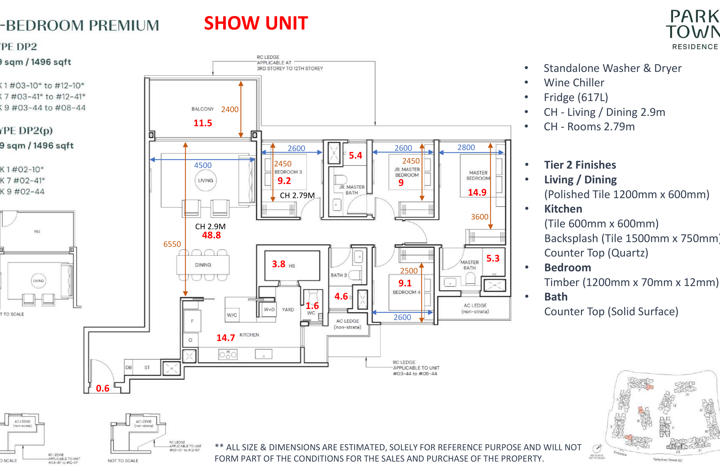 Parktown Residence 4-bedroom premium floor plan Type DP2 1496 sqft show unit with living dining 48.8 sqm and 2.9m ceiling height