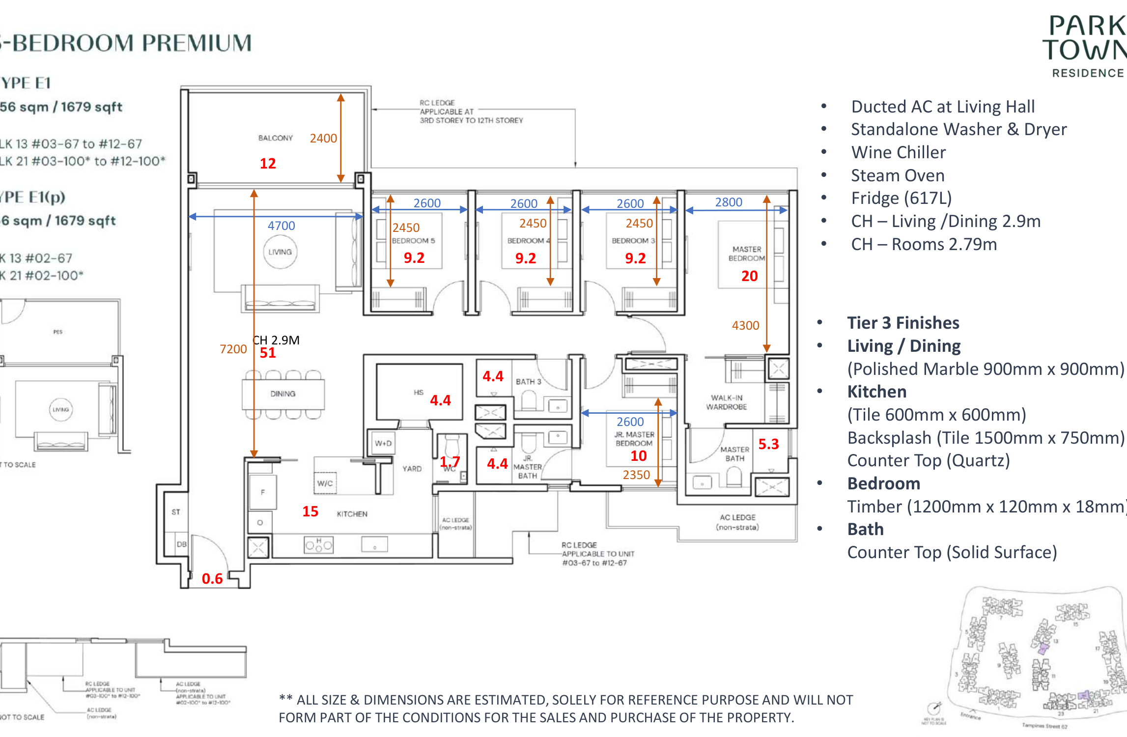 Parktown Residence 5-bedroom premium floor plan Type E1 1679 sqft with Tier 3 marble finishes ducted AC and steam oven