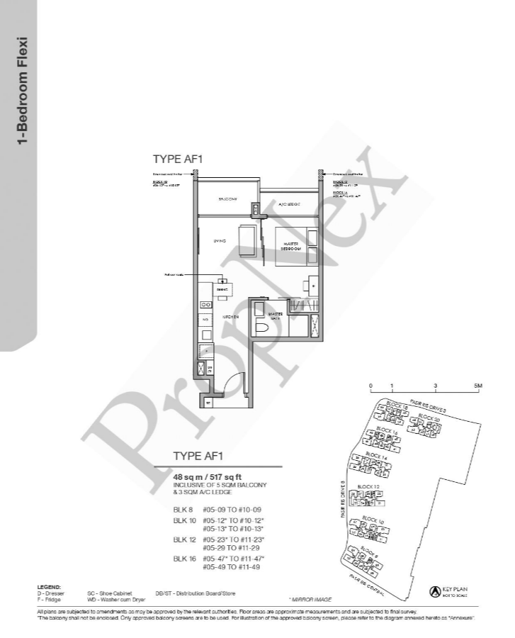 Pasir Ris 8 1-bedroom Flexi floor plan AF1 at 517 sqft