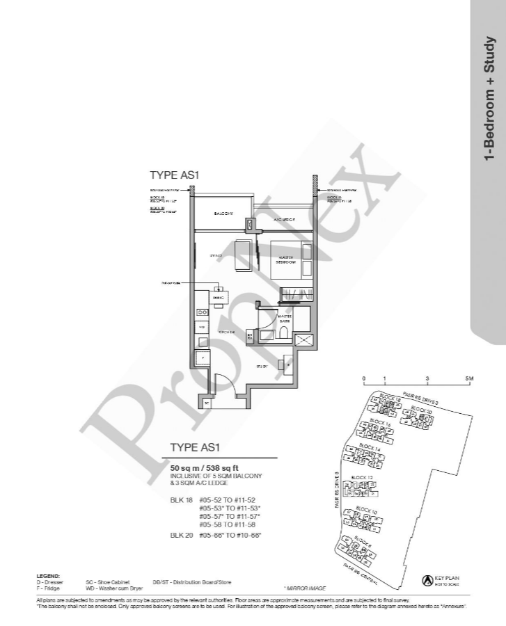 Pasir Ris 8 1-bedroom plus study floor plan AS1 at 538 sqft