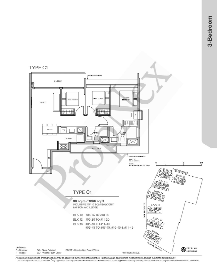 Pasir Ris 8 3-bedroom floor plan C1 at 1066 sqft