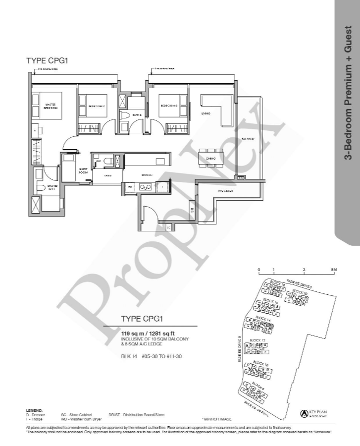 Pasir Ris 8 3-bedroom Premium plus guest room floor plan CPG1 at 1281 sqft