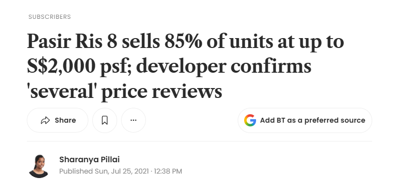 Business Times headline from July 2021: Pasir Ris 8 sells 85 percent of units at up to S2,000 psf, developer confirms several price reviews