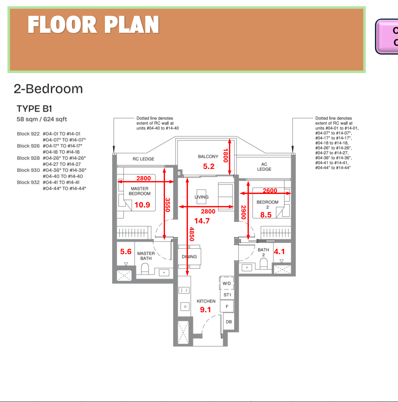 Pinery Residences 2-bedroom Type B1 floor plan 624 sqft with room dimensions showing master bedroom 10.9 sqm and common bedroom 8.5 sqm