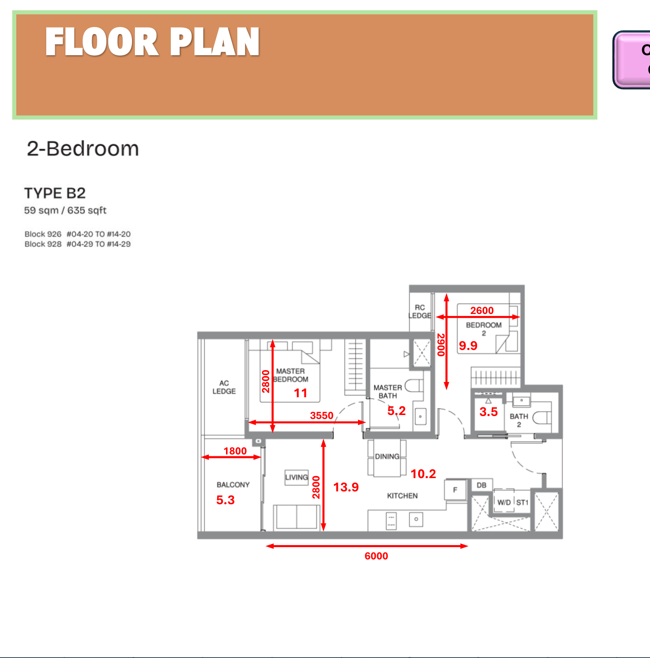 Pinery Residences 2-bedroom Type B2 floor plan 635 sqft showing room layout with master bedroom common bedroom and open kitchen