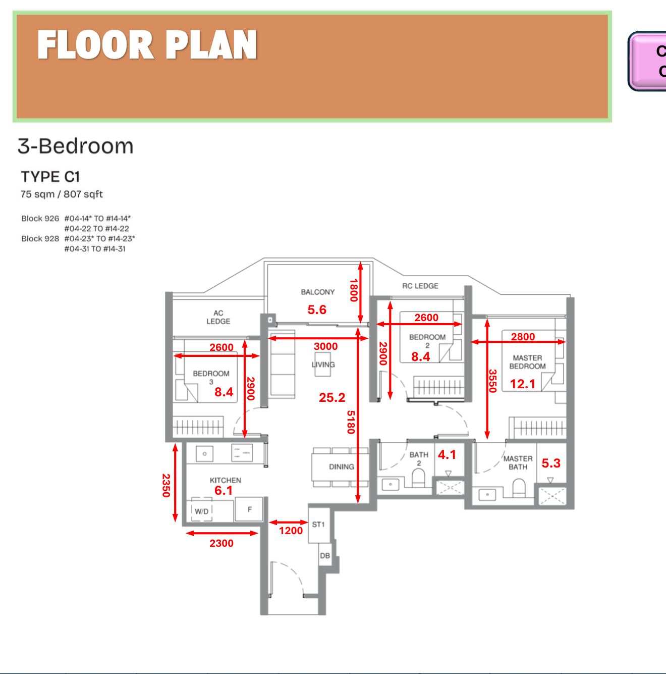 Pinery Residences 3-bedroom Type C1 floor plan 807 sqft showing semi-dumbbell layout with master bedroom 13.9 sqm and common bedrooms 10.2 sqm and 9.9 sqm