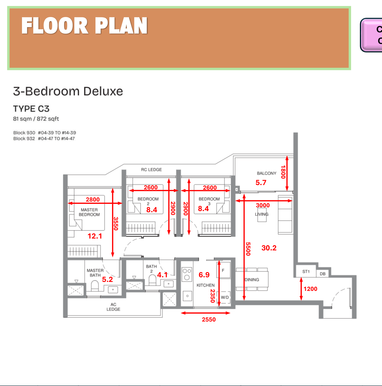 Pinery Residences 3-bedroom deluxe Type C3 floor plan 872 sqft with conventional layout showing enclosed kitchen and bathroom windows