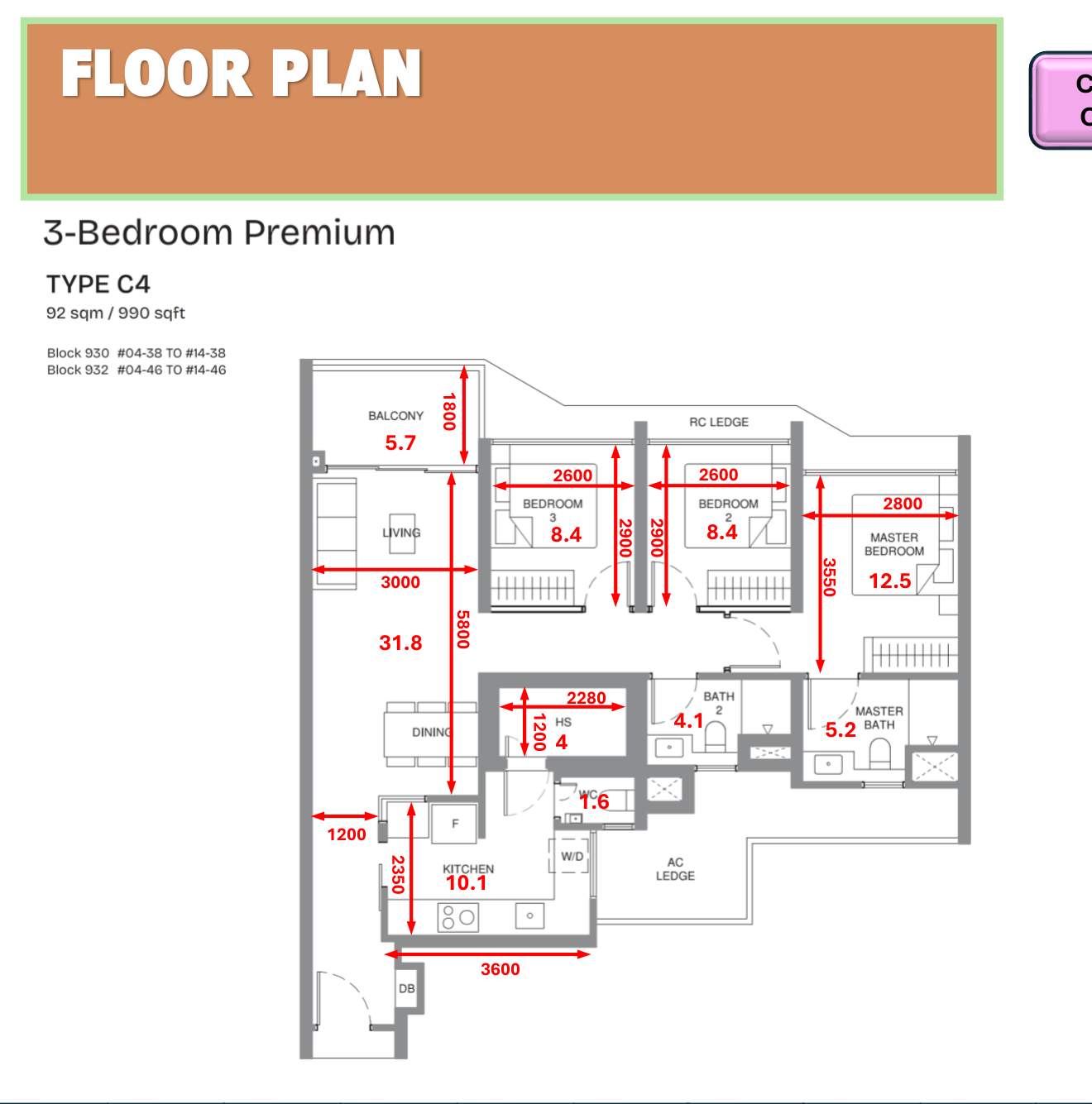 Pinery Residences 3-bedroom premium Type C4 floor plan 990 sqft with enclosed kitchen household shelter and master bedroom 12.5 sqm in District 18 Tampines