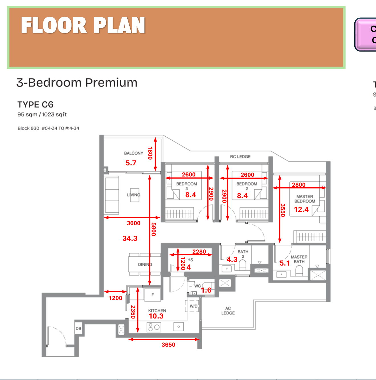 Pinery Residences 3-bedroom premium Type C6 floor plan 1023 sqft showing layout variant with enclosed kitchen and household shelter