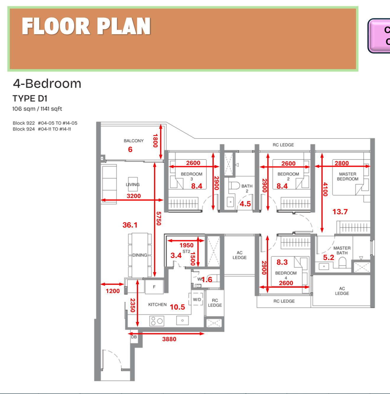 Pinery Residences 4-bedroom Type D1 floor plan 1141 sqft with enclosed kitchen bomb shelter master bedroom 13.7 sqm and living dining 36.1 sqm in Tampines West