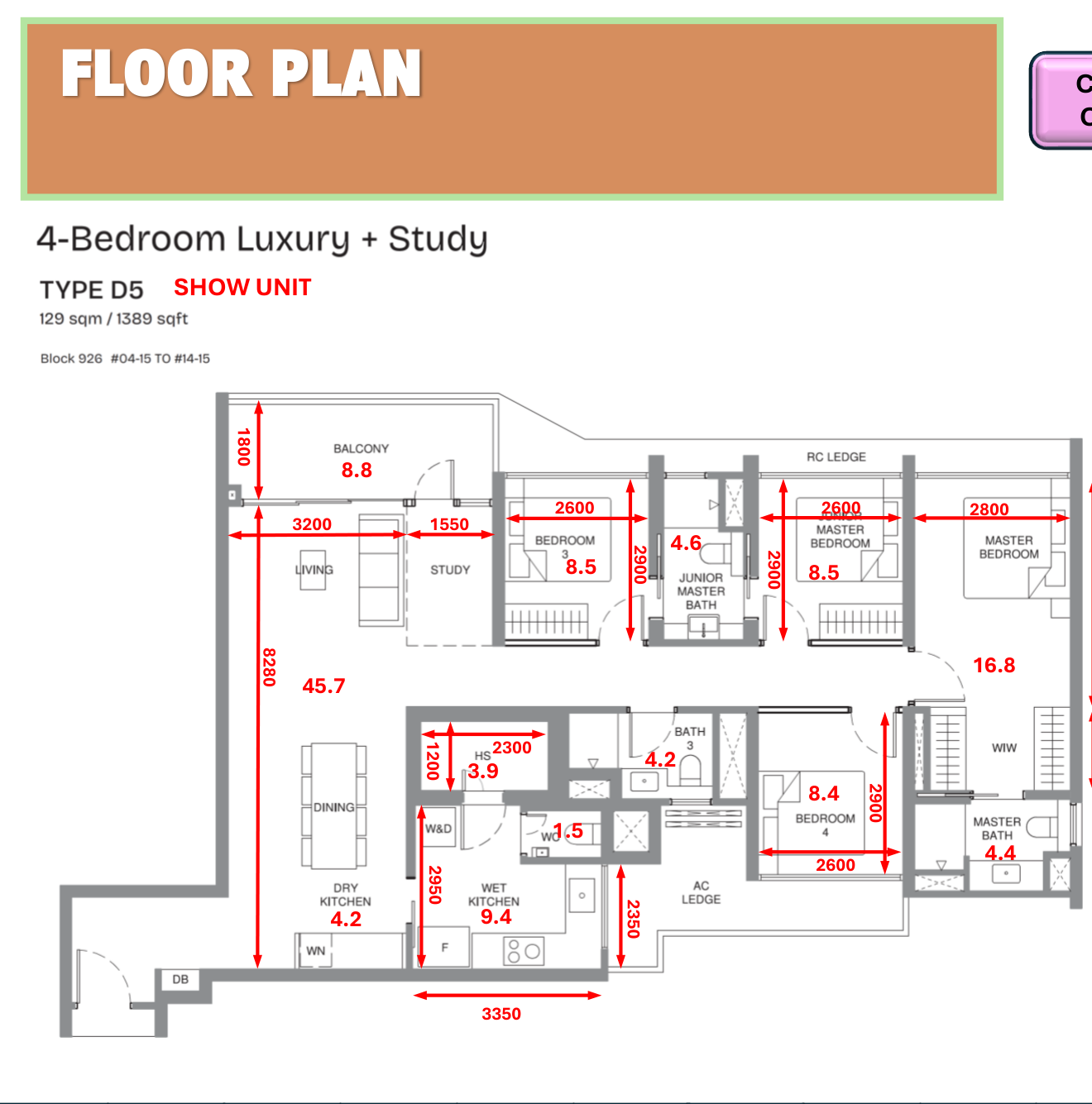 Pinery Residences 4-bedroom luxury plus study Type D5 floor plan 1389 sqft with dry kitchen walk-in wardrobe and additional WC in District 18