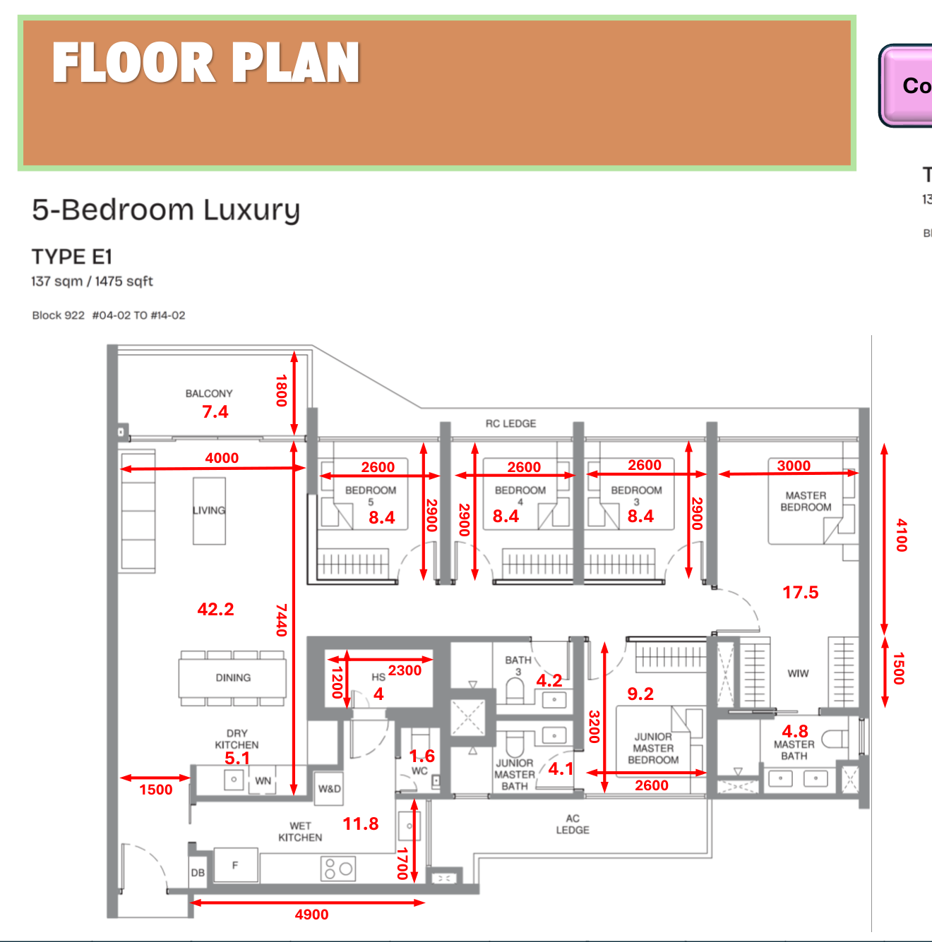 Pinery Residences 5-bedroom luxury Type E1 floor plan 1475 sqft with junior master ensuite and enlarged kitchen rare 5-bedroom new launch in Singapore