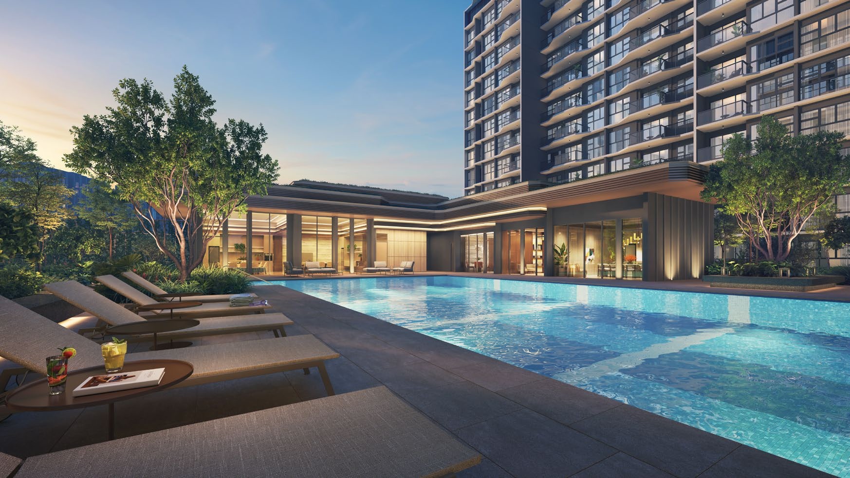 Pinery Residences 50-metre swimming pool and poolside lounge area with resort-style cabana seating at dusk, artist impression