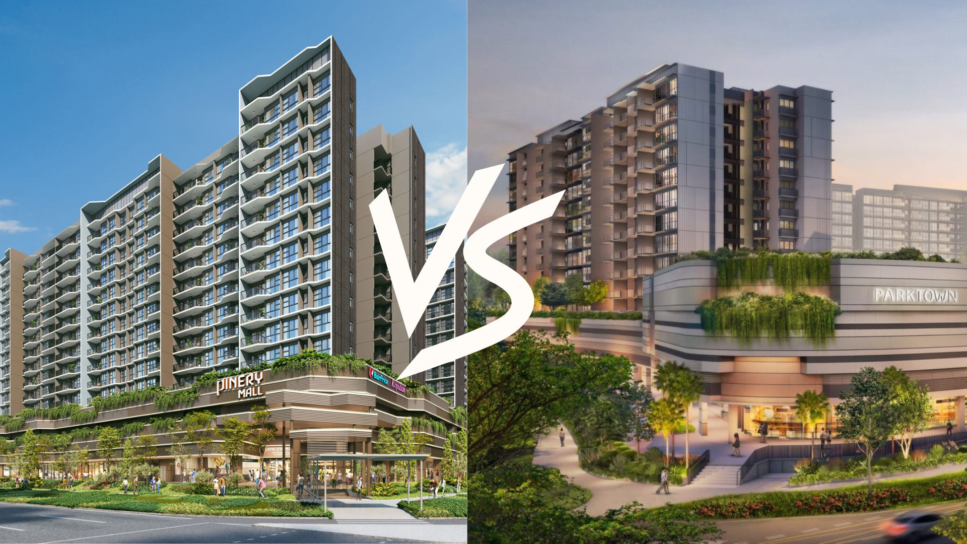 Pinery Residences vs Parktown Residence side-by-side facade comparison showing Pinery Mall on left and Parktown podium on right, Tampines District 18 Singapore