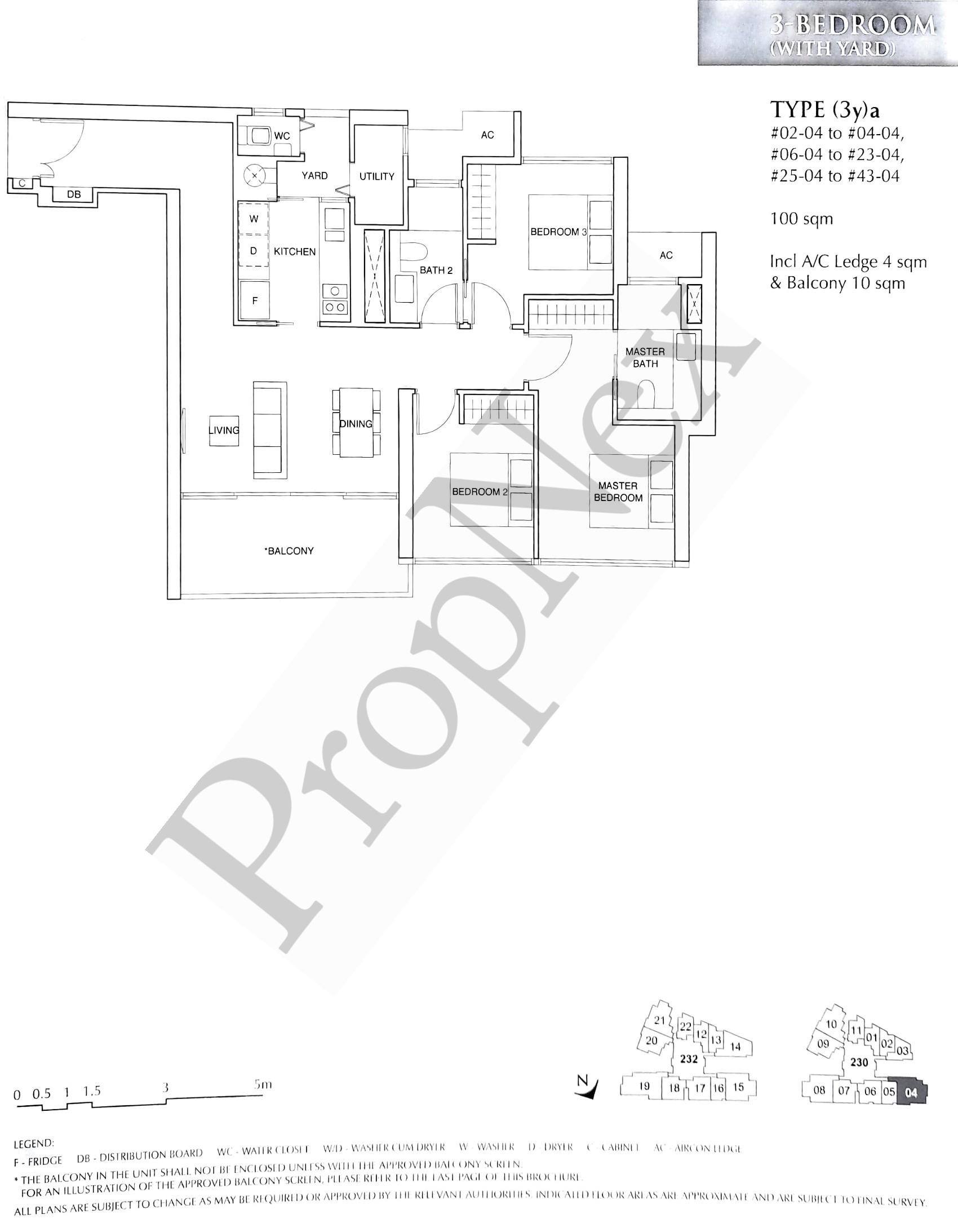 Commonwealth Tower Type 3ya 3-bedroom with yard floor plan 1076 sqft showing enclosed kitchen and proper room sizes