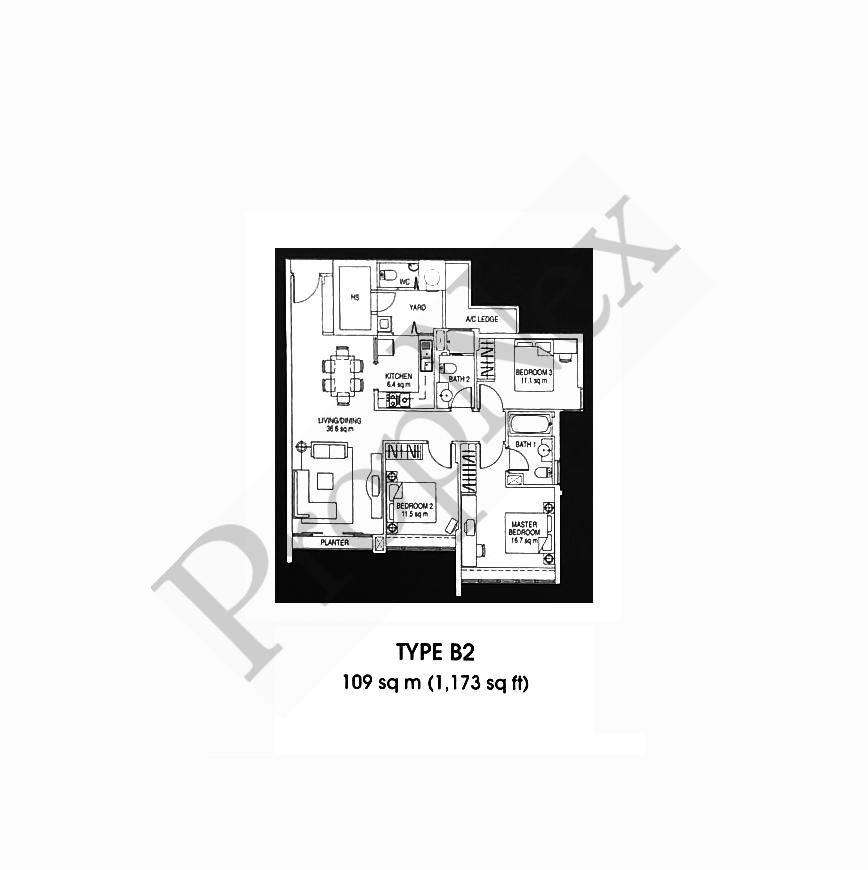 The Esparis Type B2 3-bedroom floor plan 1173 sqft showing master 16.7 sqm common bedrooms 11.5 sqm and 11.1 sqm enclosed kitchen 6.4 sqm