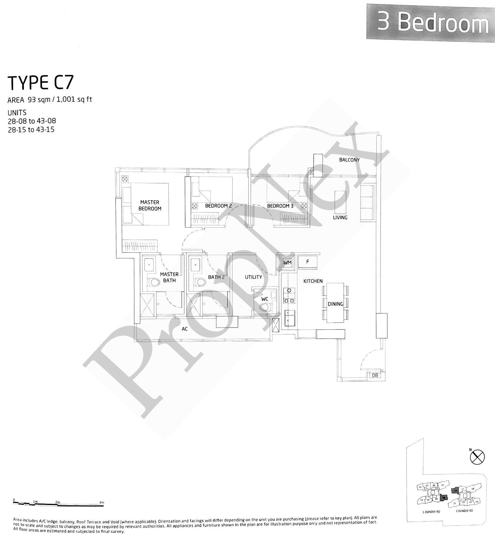 Queens Peak Type C7 3-bedroom floor plan 1001 sqft showing open kitchen oversized balcony and small bedrooms
