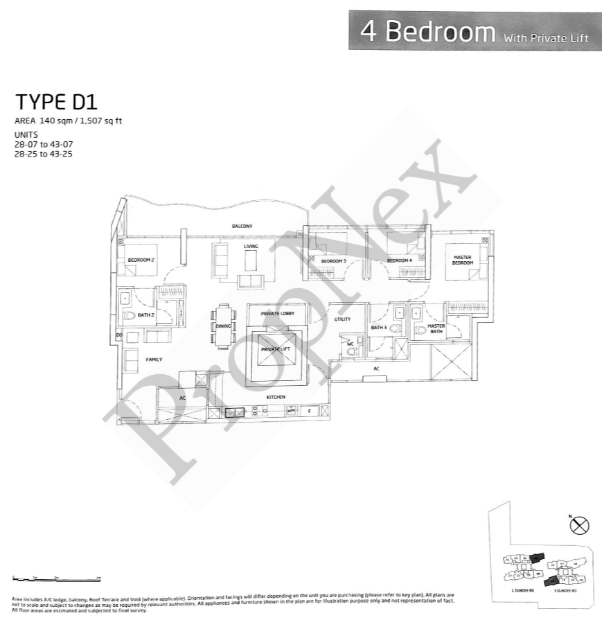 Queens Peak 1,507 sqft 4-bedroom floor plan, Type D1 with private lift
