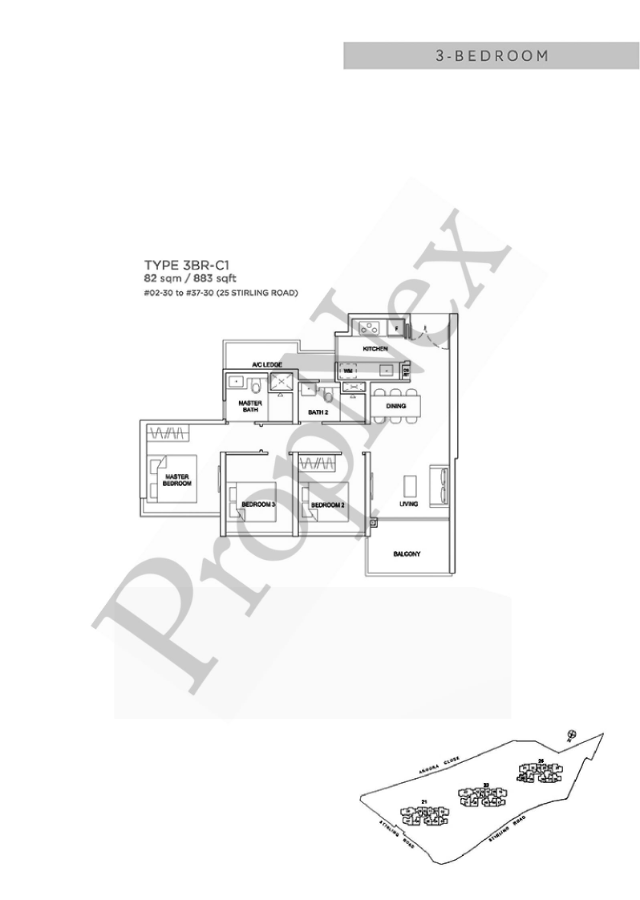 Stirling Residences 3 bedroom floor plan C1 883 sqft side by side comparison