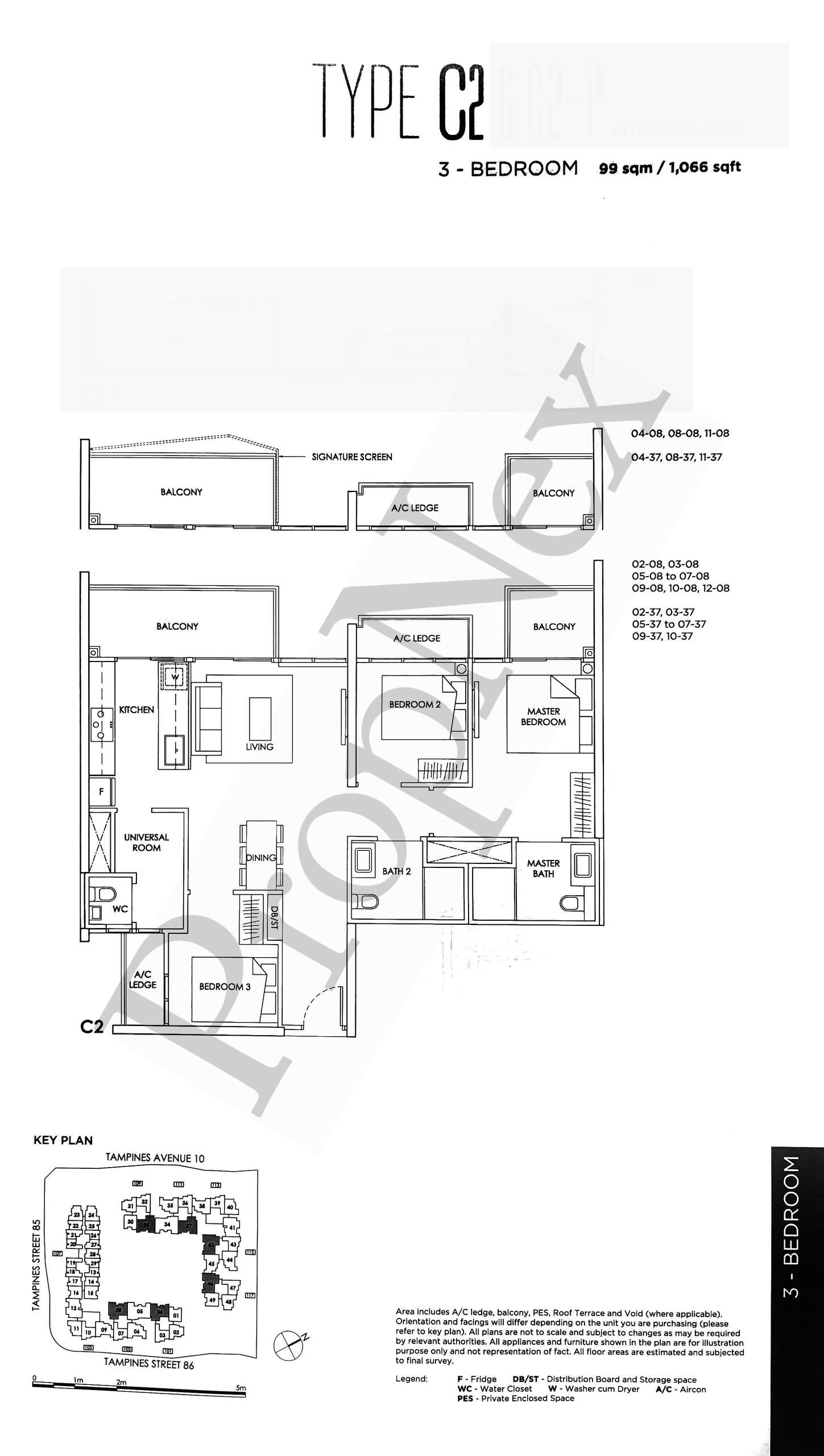 Alps Residences Type C2 3-bedroom floor plan 1,066 sqft showing universal room and multiple balconies eating into indoor space