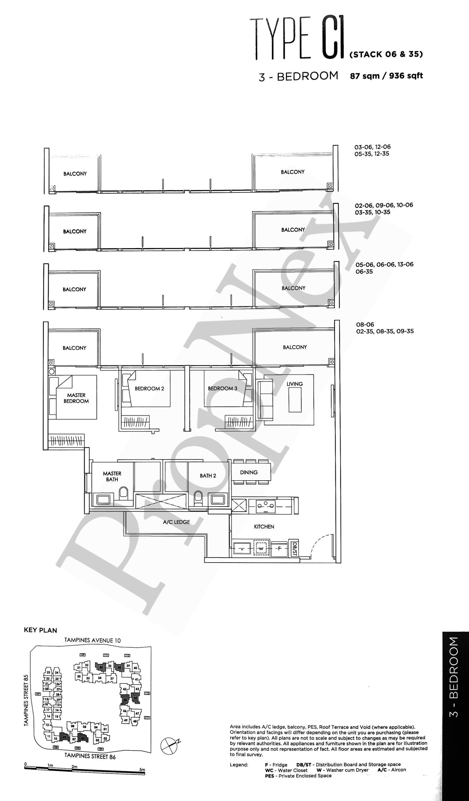 Alps Residences Type C1 3-bedroom floor plan 936 sqft showing small bedrooms in Tampines