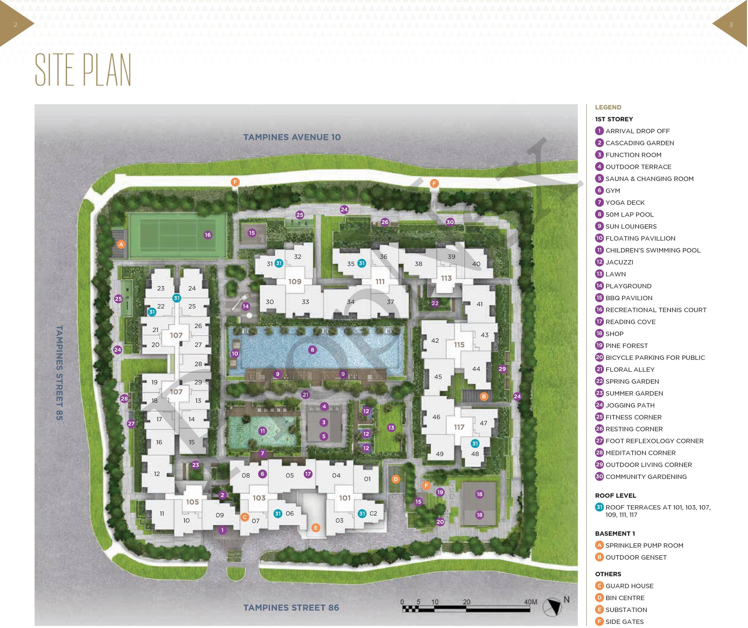 Alps Residences condo site plan showing facilities layout pool gym and unit blocks along Tampines Street 86 District 18