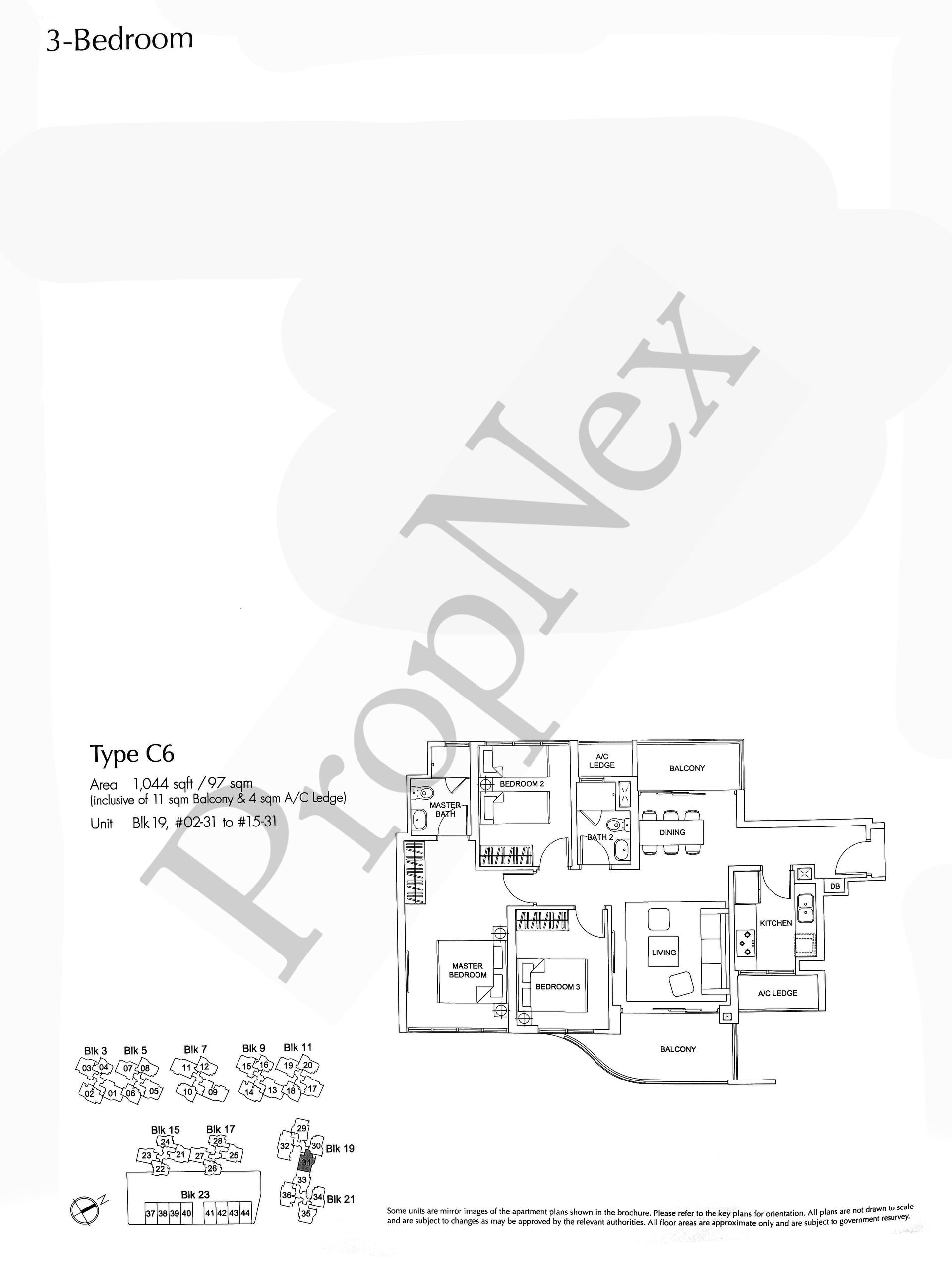 Arc at Tampines 3-bedroom floor plan 1,044 sqft variant layout in Tampines District 18