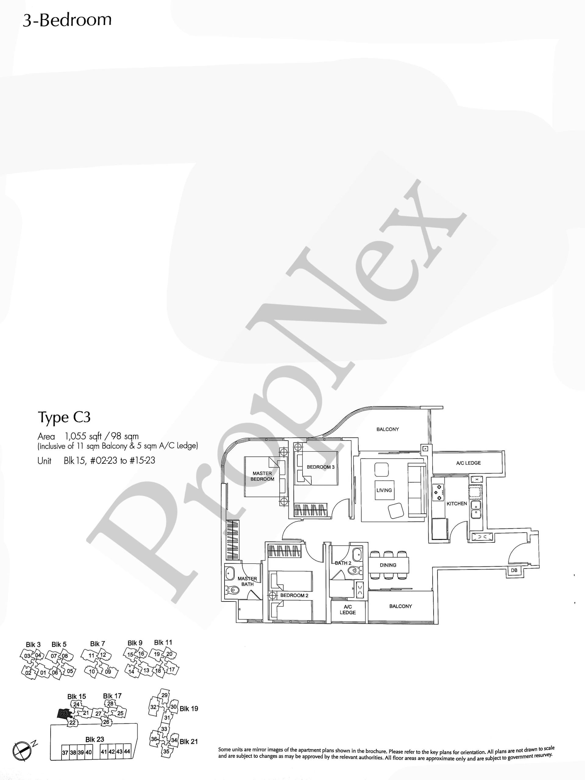 Arc at Tampines 3-bedroom floor plan 1,055 sqft variant layout in Tampines District 18