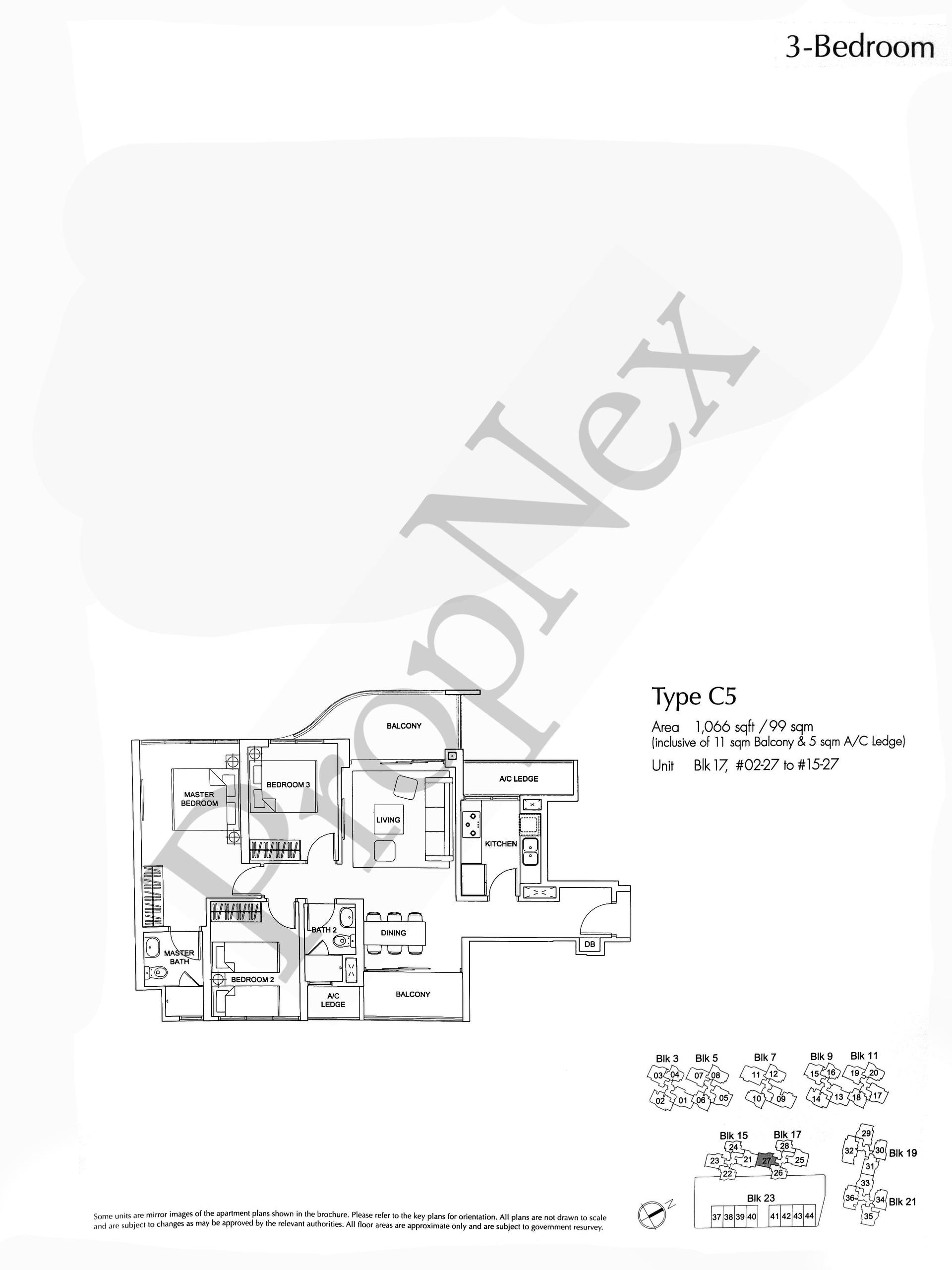 Arc at Tampines 3-bedroom floor plan 1,066 sqft variant layout in Tampines District 18