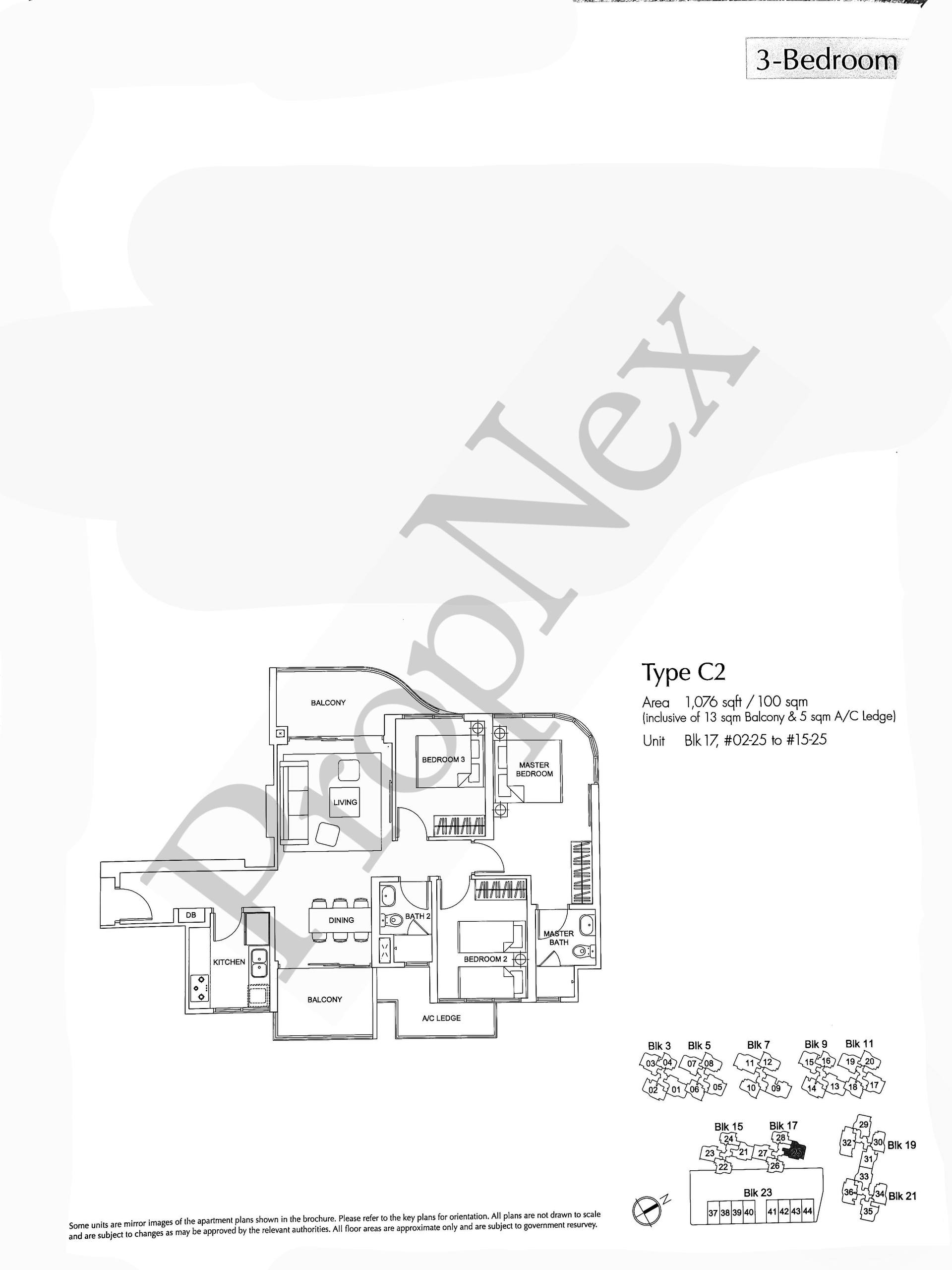 Arc at Tampines Type C2 3-bedroom floor plan 1,076 sqft with 13 sqm balcony reducing indoor space to 880 sqft