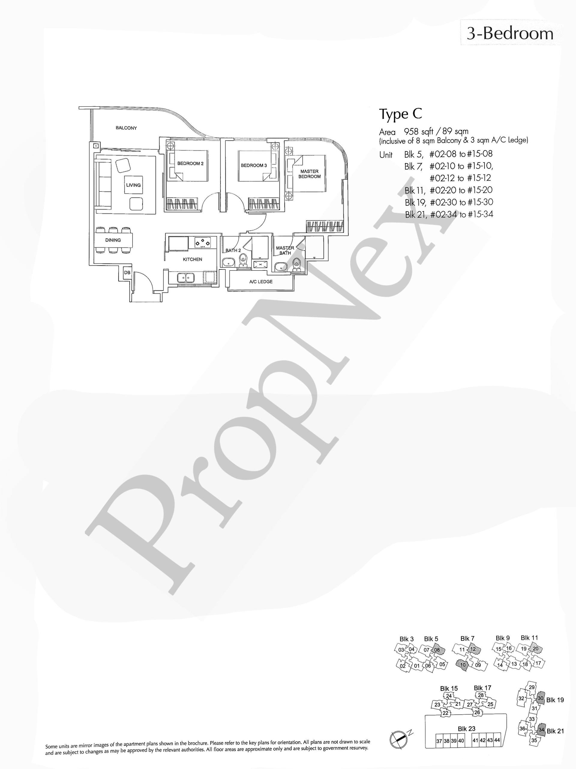 Arc at Tampines Type C 3-bedroom floor plan 958 sqft the cleanest Arc layout without curved master bedroom