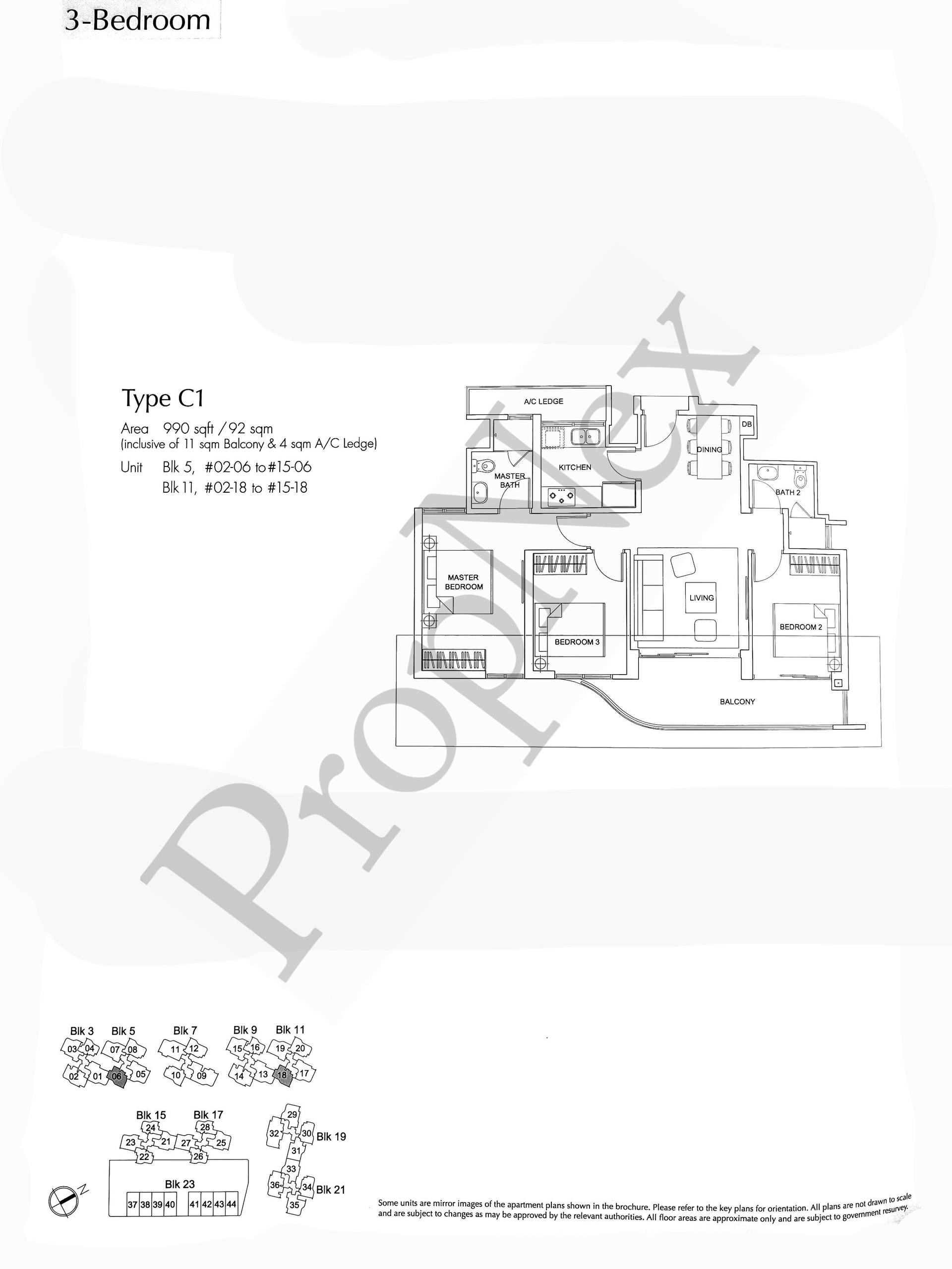 Arc at Tampines Type C1 3-bedroom floor plan 990 sqft showing curved master bedroom layout