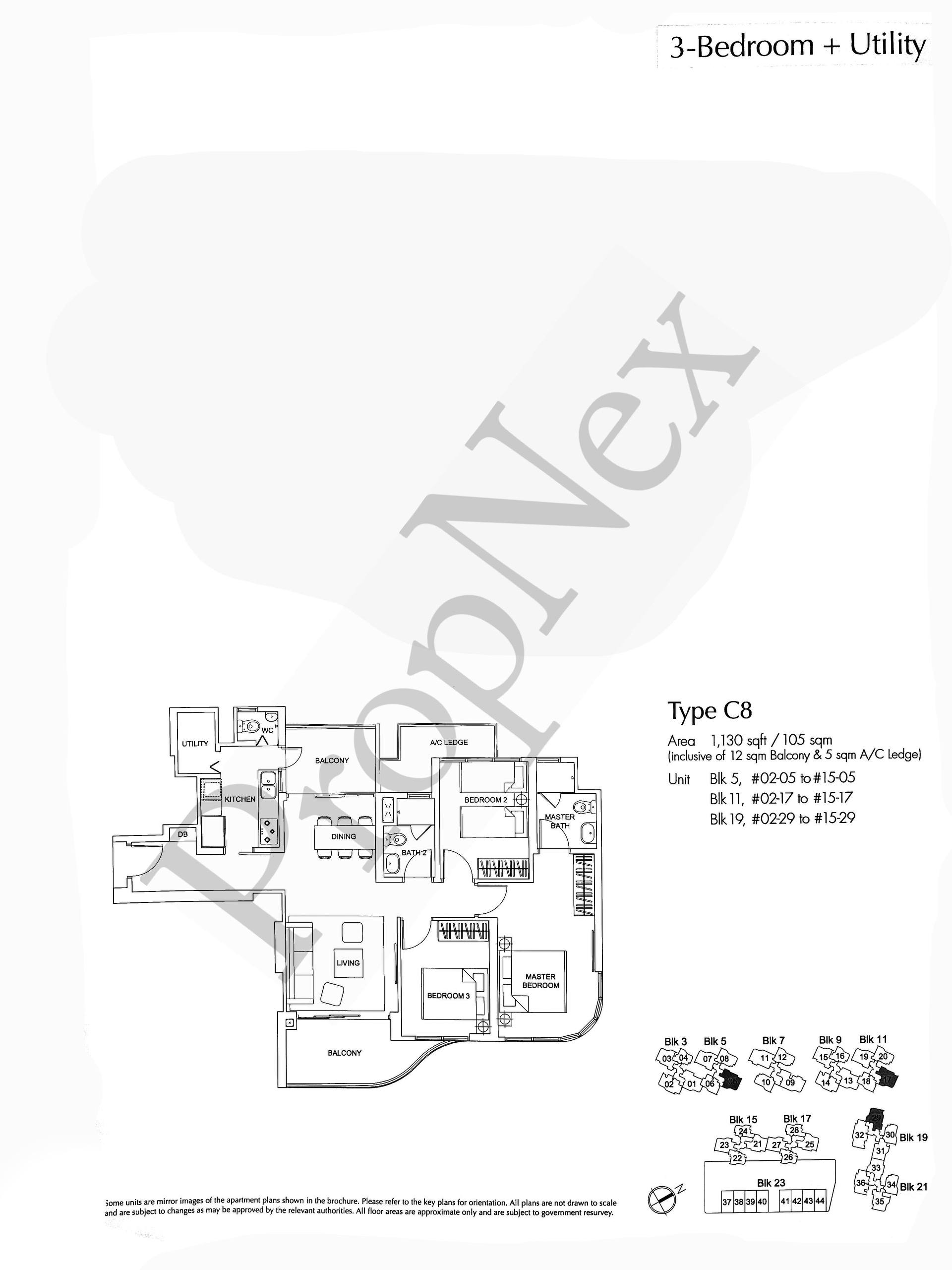 Arc at Tampines Type C8 3-bedroom plus utility floor plan 1,130 sqft with large balcony and AC ledge