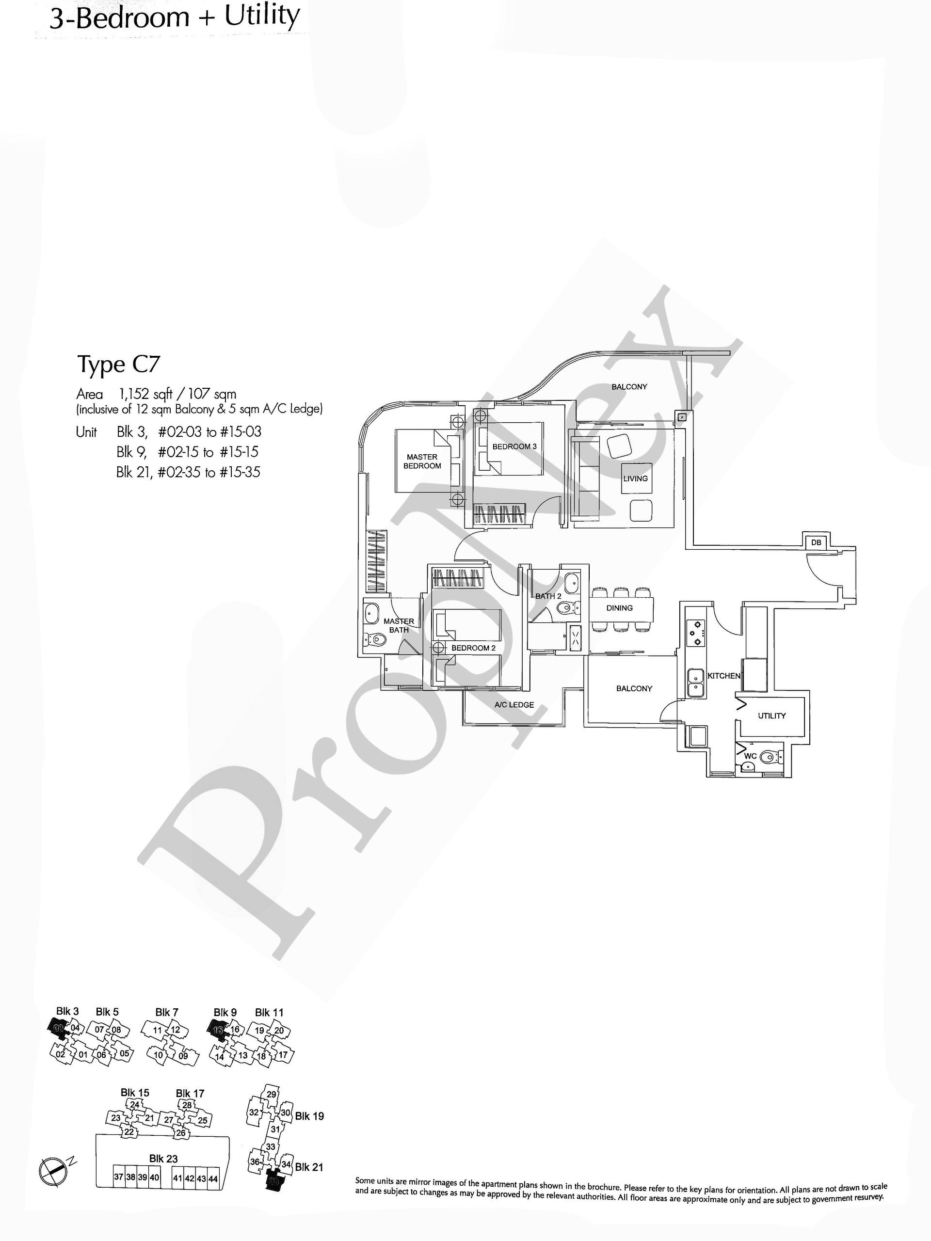 Arc at Tampines Type C7 3-bedroom plus utility floor plan 1,152 sqft with large balcony and AC ledge