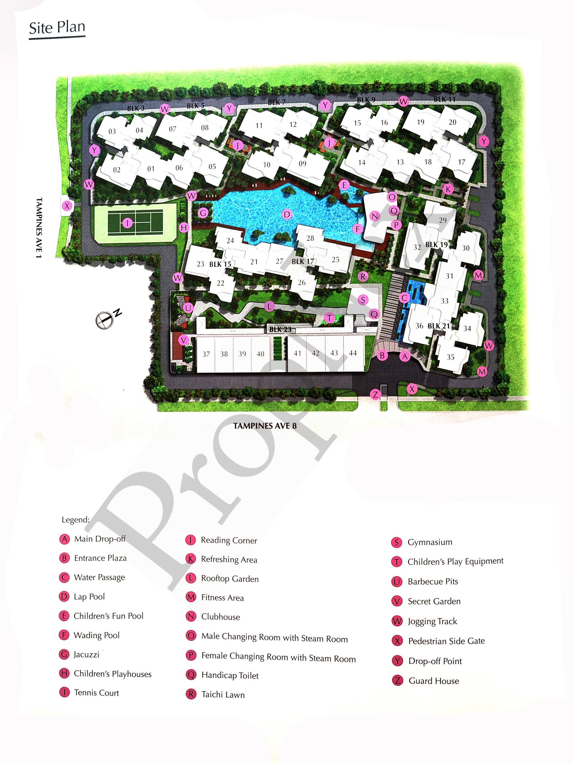 Arc at Tampines condo site plan showing facilities layout pool tennis court and unit blocks in Tampines District 18