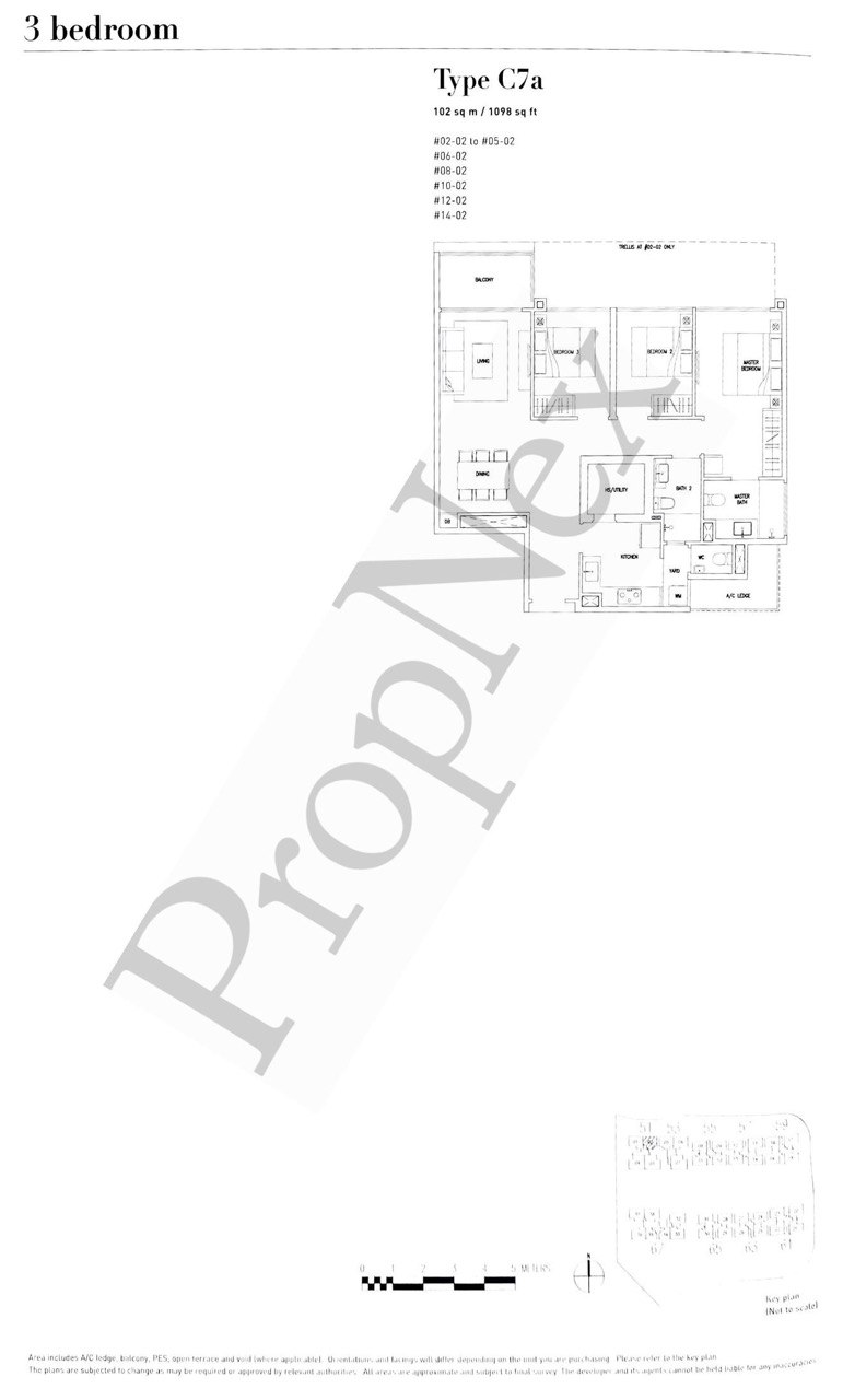 CityLife at Tampines Type C7a 3-bedroom floor plan 1,098 sqft showing efficient proportions with 9.5-10 sqm common rooms