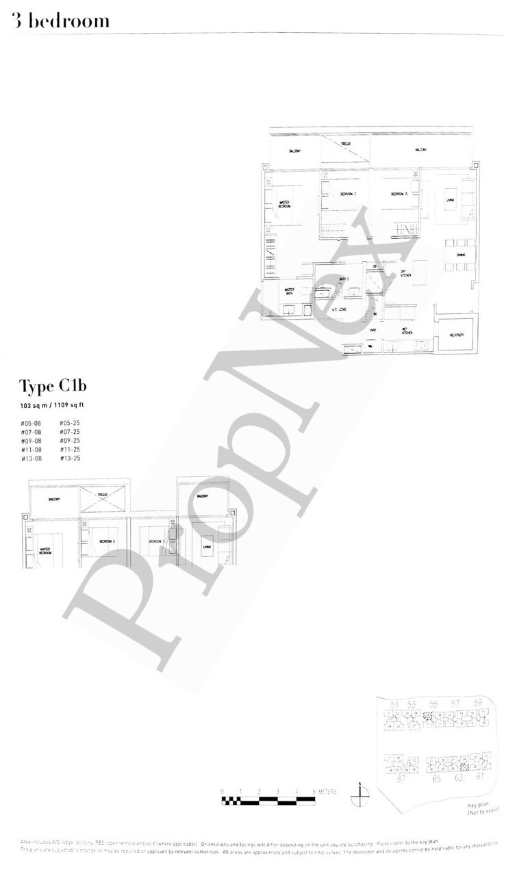 CityLife at Tampines Type C1b 3-bedroom floor plan 1,109 sqft with dual balconies off living area and master bedroom