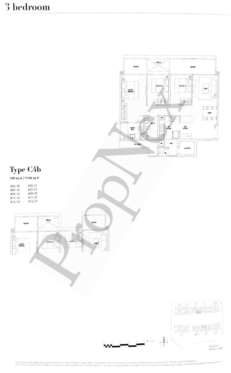 CityLife at Tampines Type C4b 3-bedroom floor plan 1,130 sqft showing efficient layout with dual balconies