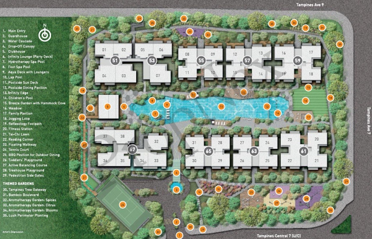CityLife at Tampines condo site plan showing facilities layout and unit blocks next to Tampines MRT interchange District 18