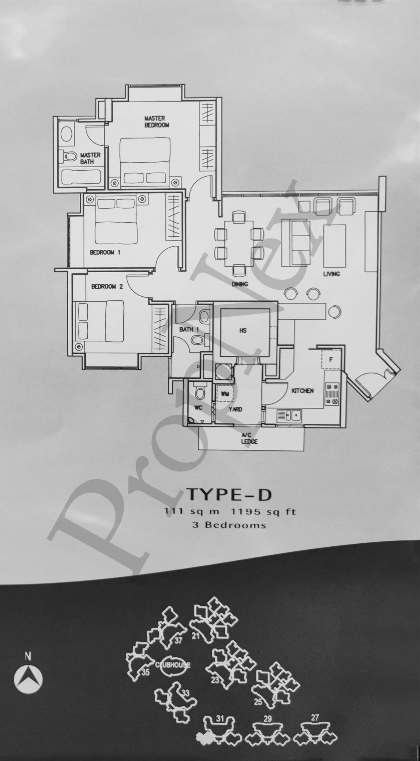 The Eden Type D 3-bedroom floor plan 1,195 sqft showing slightly smaller variant with 10-11 sqm common rooms Tampines