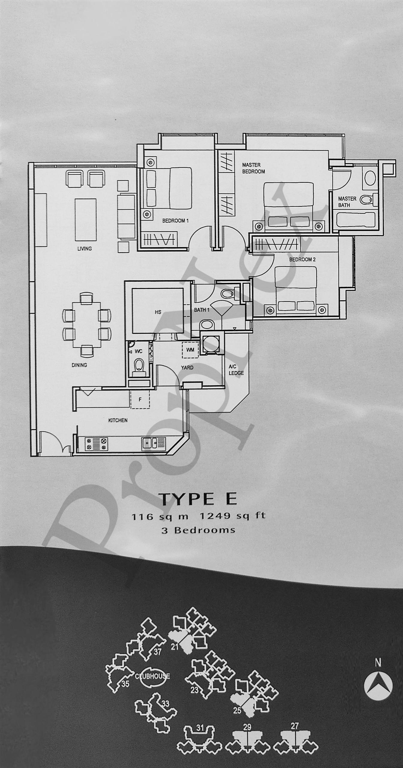 The Eden Type E 3-bedroom floor plan 1,249 sqft showing generous room sizes with 11-12 sqm common rooms