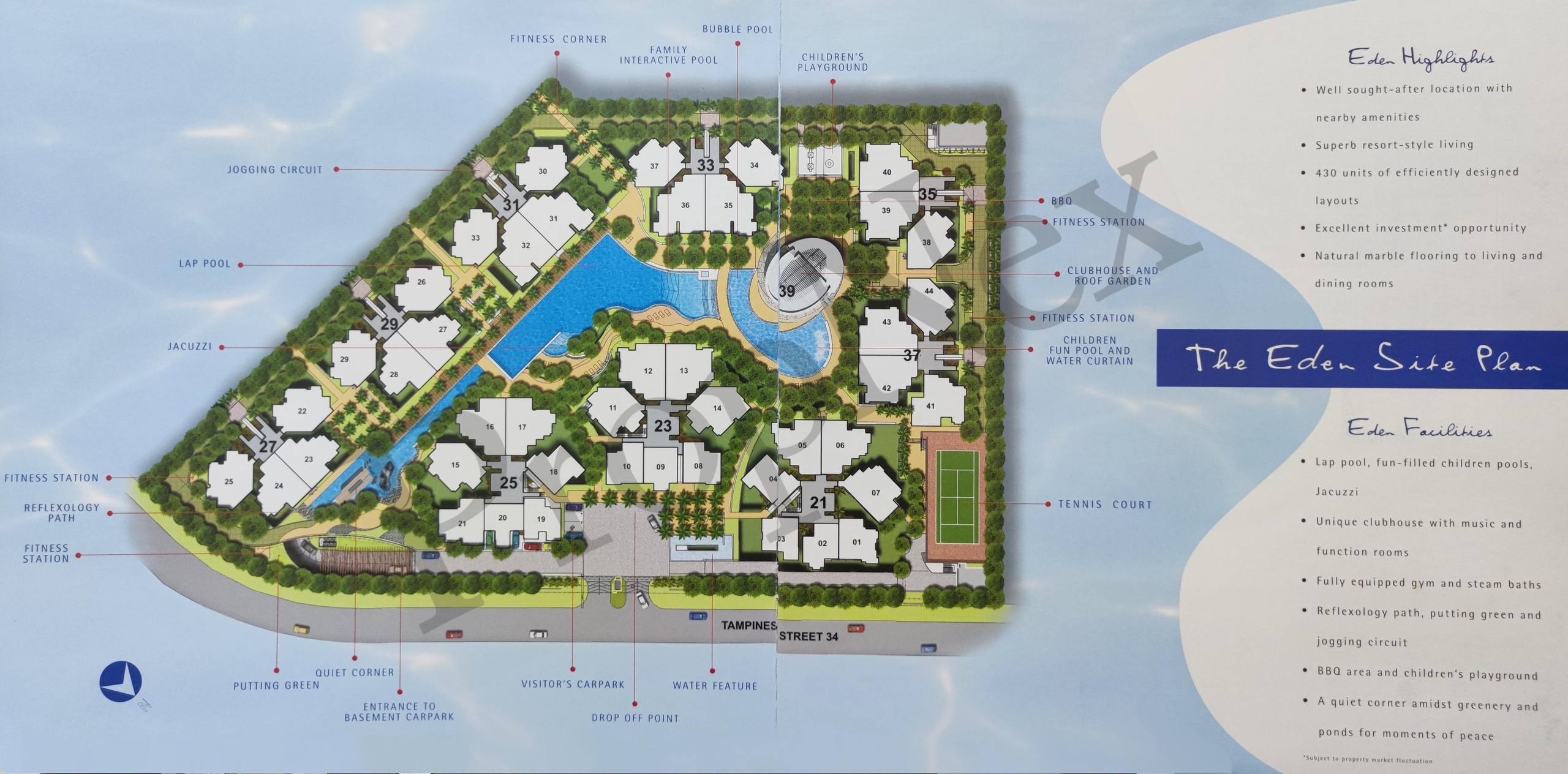 The Eden condo site plan showing resort-style facilities layout lap pool jacuzzi tennis court and putting green Tampines District 18