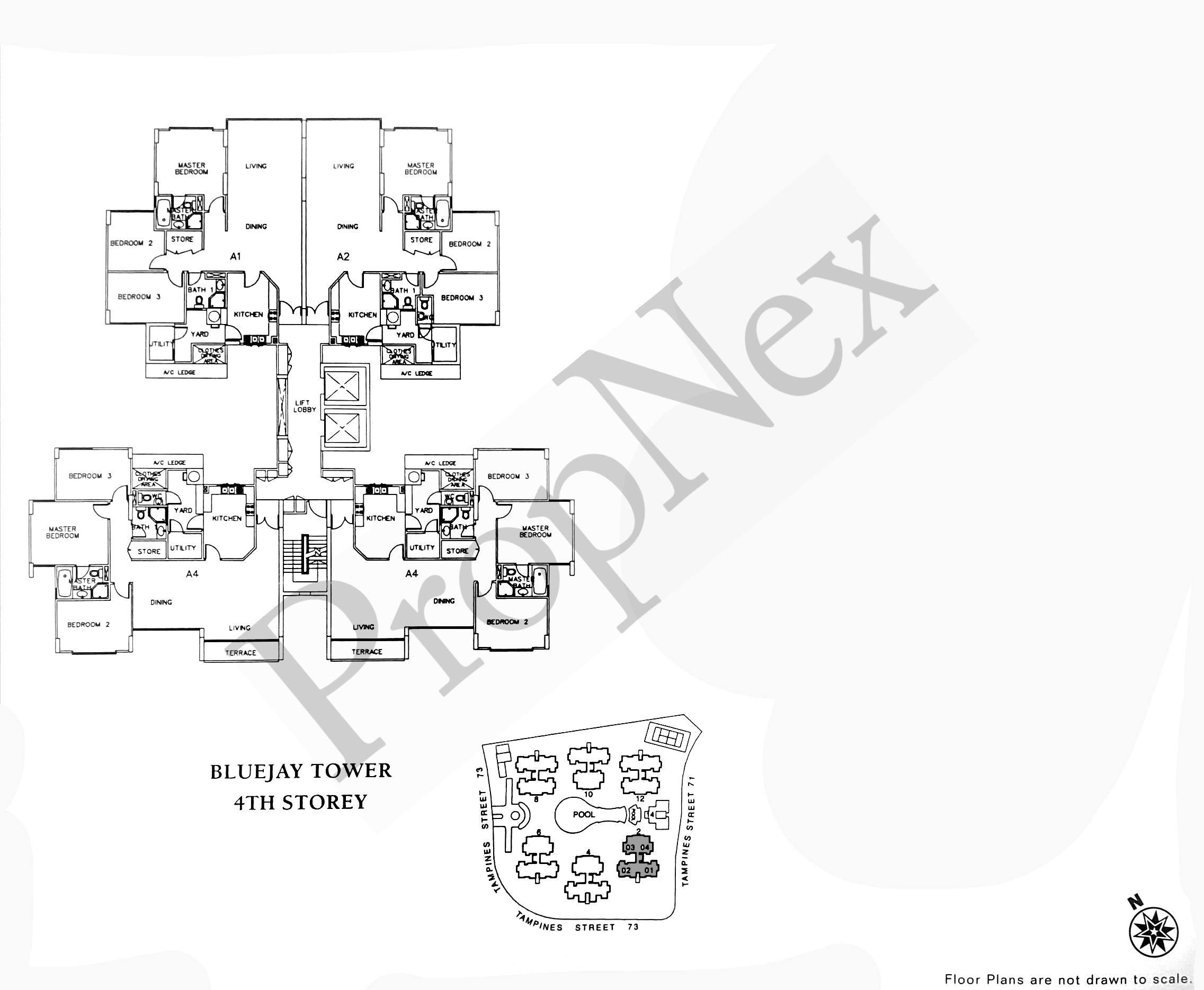 Pinevale Bluejay Tower 4th storey floor plan showing ground-level 3-bedroom layout variant with yard access